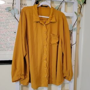 Mustard Button Blouse with Scallop Detail